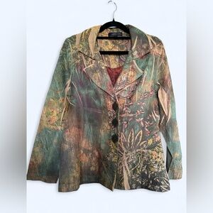 B.l.e.u. Faux suede vintage 90s jacket blazer with a whimsy collage print M